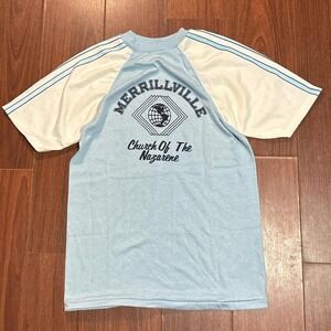 Vintage 70s Velva Sheen Merrillville Church of Nazarene Blue Shirt Size Mens M